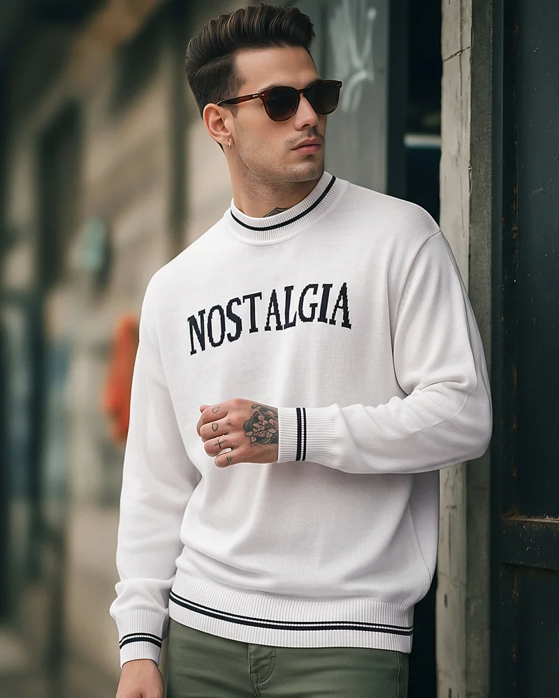 بيواكوف Men's Gardenia Nostalgia Typography Oversized Sweater